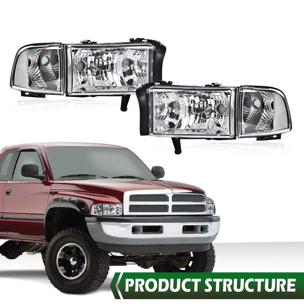 Front Headlights + Corner Signal Lamps For Dodge Ram 1500 2500 3500 (1994-2002) - Factory Style - View #4