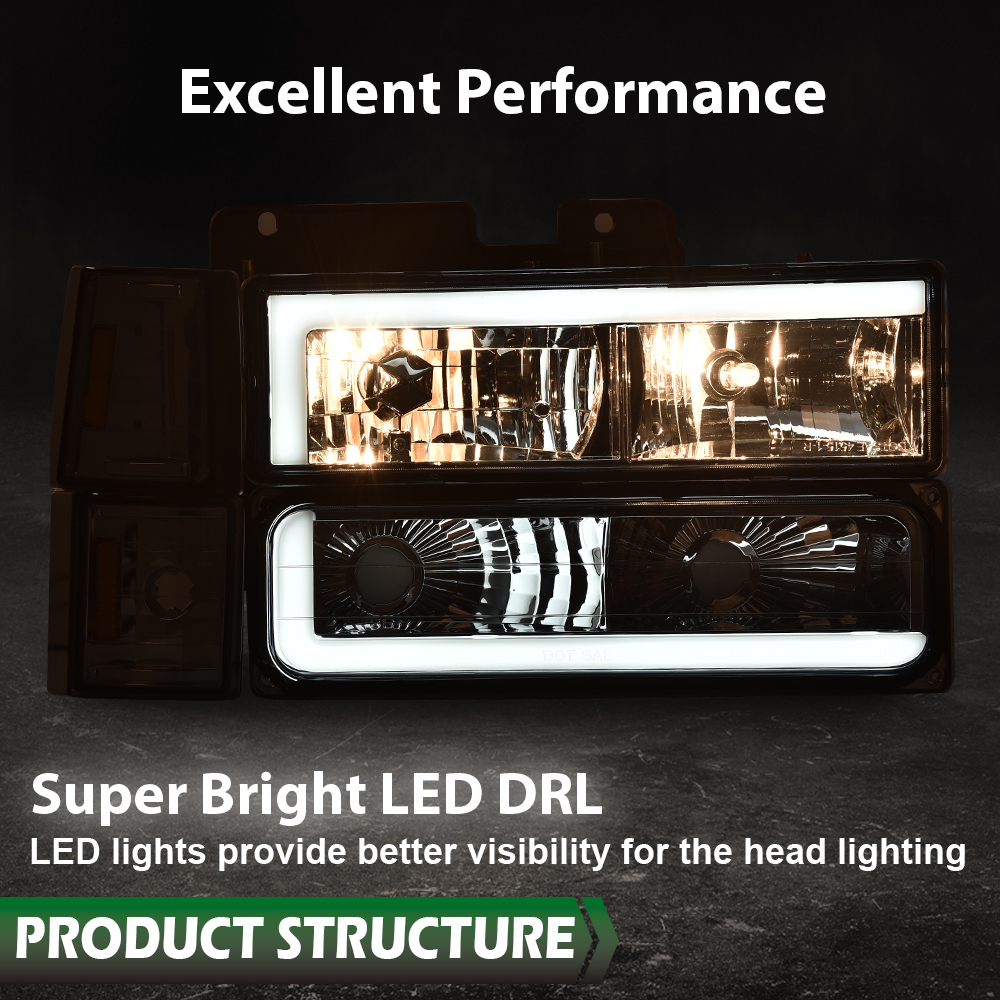 Jijiamotor13 LED DRL Headlight Set For 1994-2000 GMC C/K Suburban – Bumper & Corner Lamps Included – Halogen