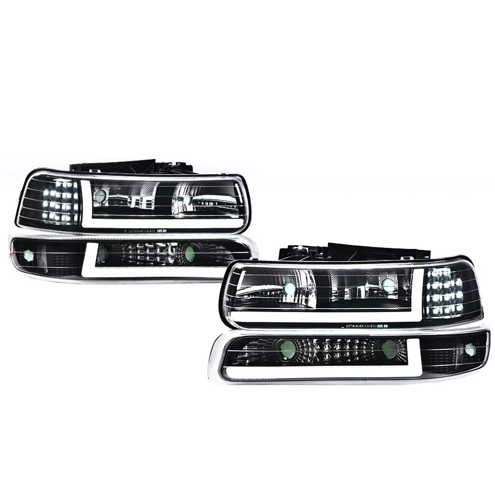 G-PLUS Clear/Black LED Tube Headlights & Fog Lights Combo For 99-06 Chevy Silverado / Suburban – DRL – DOT/SAE